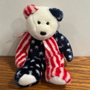 EUC Vintage Ty 1999 Beanie Buddies 14” USA Plush Bear Red White & Blue Stars